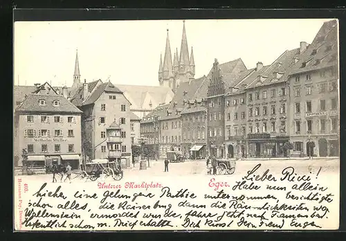 AK Eger, Unterer Marktplatz mit Geschäften, Wilhelm Müller, Apotheke