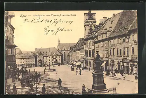 AK Eger, Marktplatz mit Kaiser-Josef-Denkmal