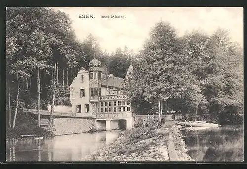 AK Eger, Insel Mühlerl mit Cafe Restaurant