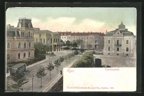 AK Eger, Theaterplatz mit grossen Gebäuden