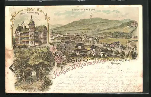 Lithographie Bad Berka, Ortsansicht, Kaiser-Wilhelmsburg