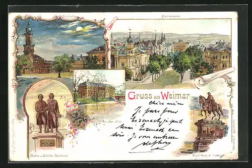 Lithographie Weimar, Schloss bei Mondschein, Panorama, Göthe und Schiller Denkmal