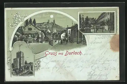 Mondschein-Lithographie Durlach, Ortspartie mit Gasthaus zum Grünen Hof, Altes Schloss mit Denkmal