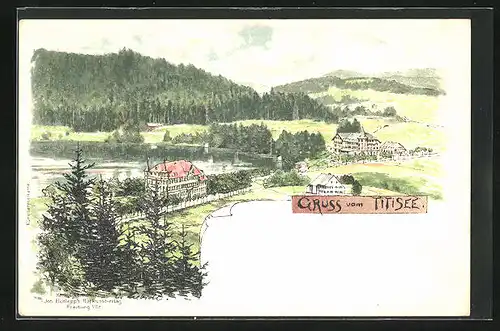 Lithographie Titisee, Blick auf Ort und Umgebung