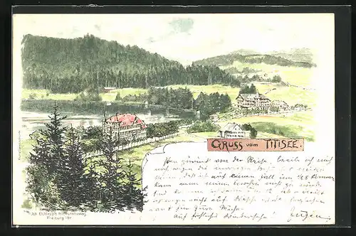 Lithographie Titisee, Blick auf Ort und See