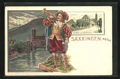 Lithographie Säckingen, Gasthof zum Schützen, Trompetenspieler