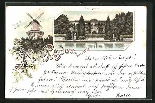 Lithographie Potsdam, Historische Mühle, Schloss Sanssouci
