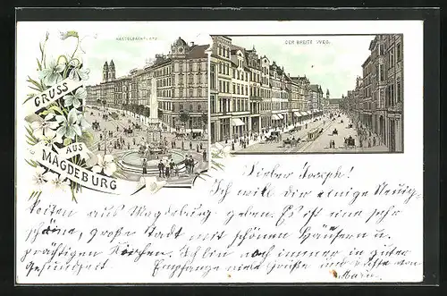 Lithographie Magdeburg, Hasselbachplatz mit Brunnen, Der Breite Weg