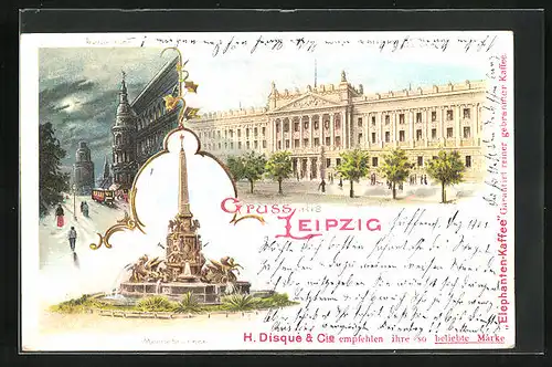 Lithographie Leipzig, Petersthor, Mendebrunnen, Universität