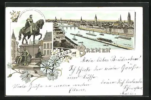 Lithographie Bremen, Ortsansicht, Denkmal Kaiser-Wilhelm I.