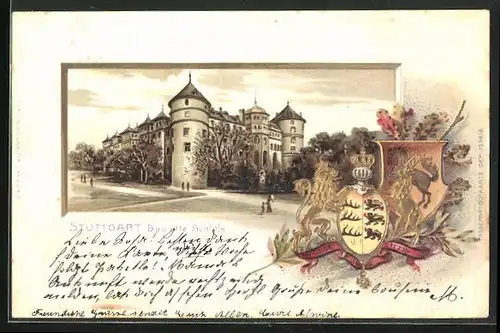 Passepartout-Lithographie Stuttgart, Das alte Schloss, Wappen