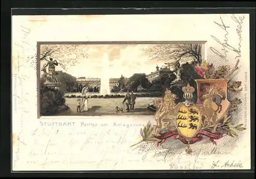 Passepartout-Lithographie Stuttgart, Partie am Anlagensee mit Fontäne, Wappen