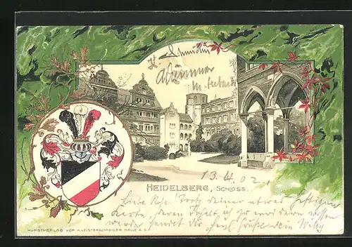Passepartout-Lithographie Heidelberg, Schloss, Ritterhelm & Wappen
