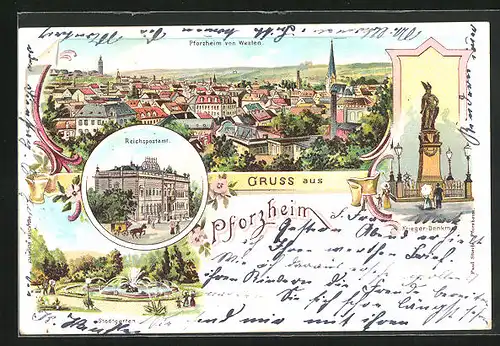 Lithographie Pforzheim, Reichspostamt, Krieger-Denkmal, Stadtgarten