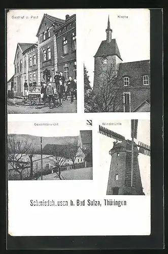 AK Schmiedehausen b. Bad Sulza /Thüringen, Gasthof zur Post, Windmühle, Kirche