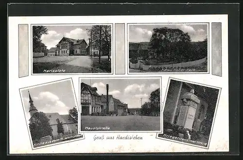 AK Hardisleben, Park, Kriegerdenkmal 1914-18, Kirche aus dem 16. Jahrhundert