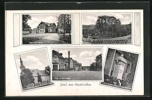 AK Hardisleben, Park, Kriegerdenkmal 1914-18, Kirche aus dem 16. Jahrhundert