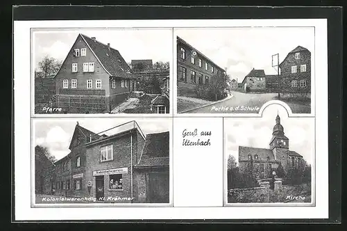 AK Utenbach, Kolonialwarenhandlung Kl. Krähmer, Pfarre, Kirche