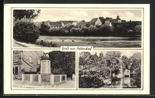 AK Bottendorf, Teilansicht, Kriegerdenkmal 1914-18, Partie an der Mühle