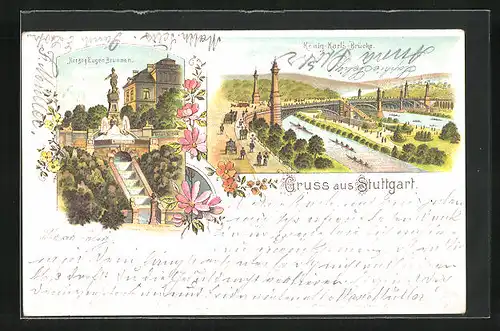 Lithographie Stuttgart, König-Karl`s-Brücke, Herzog Eugen Brunnen