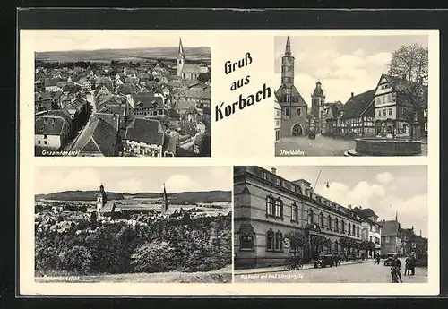 AK Korbach, Stechbahn mit Geschäft und Brunnen, Postamt und Prof. Bierstrasse, Gesamtansicht