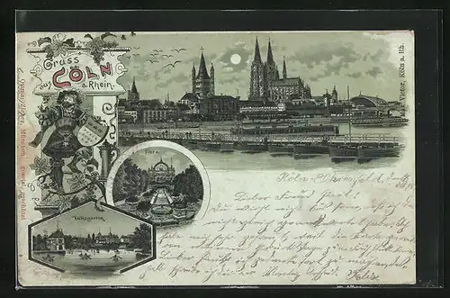 Mondschein-Lithographie Köln a. Rhein, Teilansicht mit Dom, Flora, Volksgarten