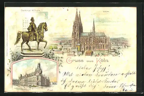 Lithographie Köln, Denkmal Wilhelm I., Dom, Post