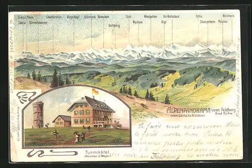 Lithographie Feldberg /Bad. Schw., Turmhôtel, Alpenpanorama mit Mythen, Tödi und Rigi