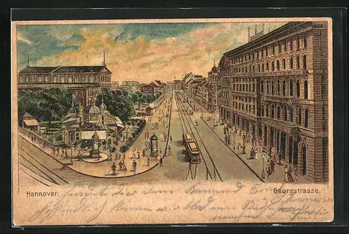 Lithographie Hannover, Georgstrasse mit Strassenbahn