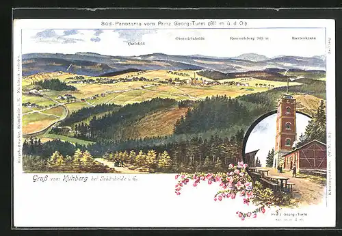 Künstler-AK Stützengrün, Kuhberg, Prinz Georg-Turm, Süd-Panorama