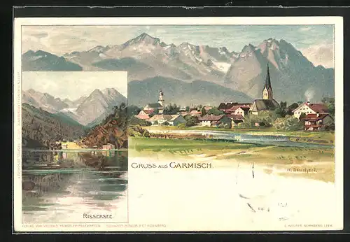 Künstler-AK Heinrich Deuchert: Garmisch, Rissersee, Ortsansicht mit Bergkulisse