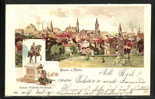 Künstler-Lithographie Karl Heinisch: Essen a. Ruhr, Kaiser Wilhelm-Denkmal, Gesamtansicht der Stadt