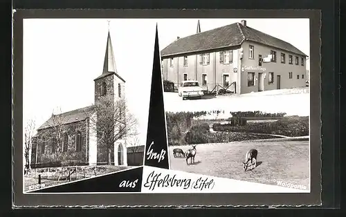 AK Effelsberg /Eifel, Gasthaus Frings, Waldpartie mit Rehen, Kirche