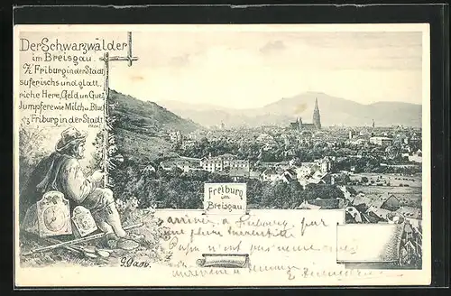 AK Freiburg /Breisgau, Gesamtansicht mit Kirchturm, Der Schwarzwälder in Breisgau