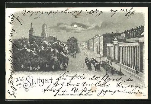 Mondschein-Lithographie Stuttgart, Königstrasse bei Nacht