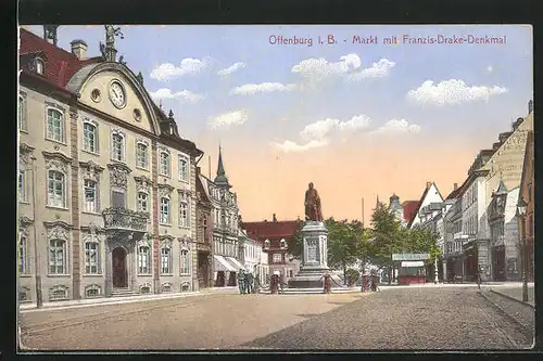 AK Offenburg i. B., Markt mit Franzis-Drake-Denkmal