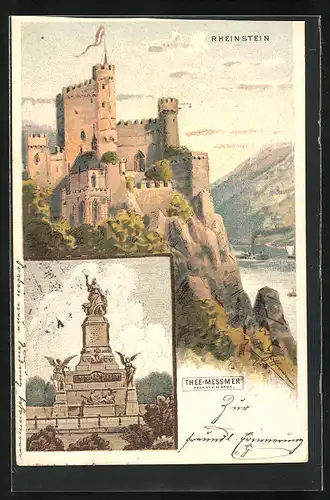 Lithographie Trechtingshausen, Rheinstein, Blick auf Burg, Denkmal