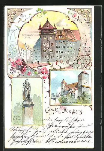 Lithographie Nürnberg, Nassauer Haus, Kaiserstallung, Dürer Denkmal