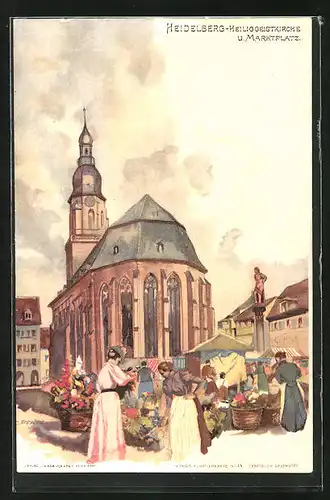 Künstler-AK C. Pfaff: Heidelberg, Heiliggeistkirche und Marktplatz