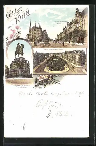 Lithographie Köln, Hohenzollern-Ring, Kaiser Wilhelm Ring, Denkmal Friedrich Wilhelm III