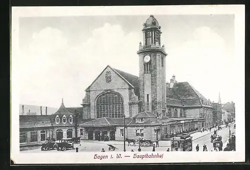 AK Hagen i. W., Blick auf den Hauptbahnhof, Strassenbahn