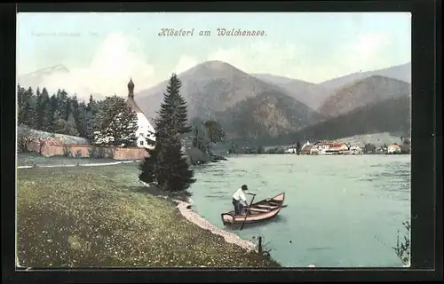 AK Klösterl a. Walchensee, Blick über den See auf den Ort