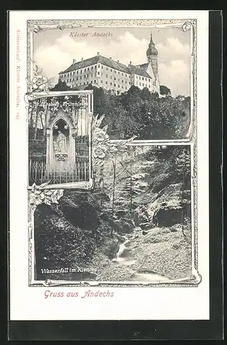 AK Andechs, Kloster, Wasserfall im Kienthal, St. Elisabeth Brünnlein