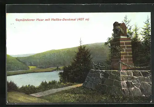 AK Daun, Gemündener Maar mit Moltke-Denkmal