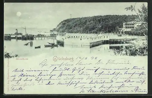 Mondschein-AK Glücksburg, Strandhotel mit Hafen