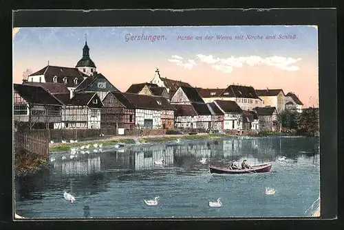 AK Gerstungen, Partie an der Werra mit Ruderboot und Schwänen