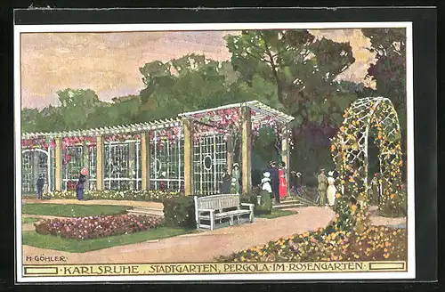 Künstler-AK sign. H. Göhler: Karlsruhe, Stadtgarten, Pergola im Rosengarten