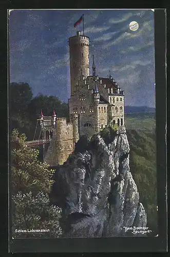 Künstler-AK Hans Boettcher: Lichtenstein, Schloss Lichtenstein im Mondschein