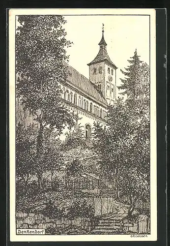 Künstler-AK Denkendorf, Ortspartie mit Kirche