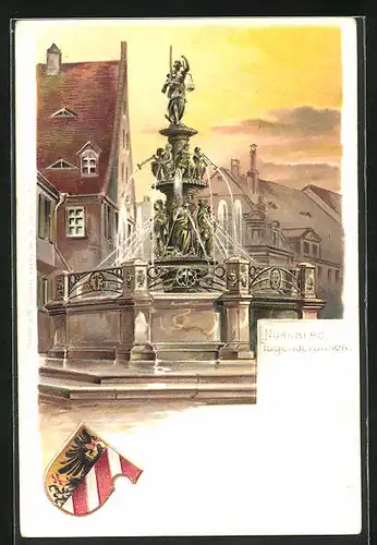 Präge-Künstler-AK Nürnberg, Tugendbrunnen, Wappen